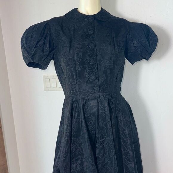 Authentic 1930s–1940s Handmade Black Jacquard Puff-Sleeve Dress - Picture 2 of 15